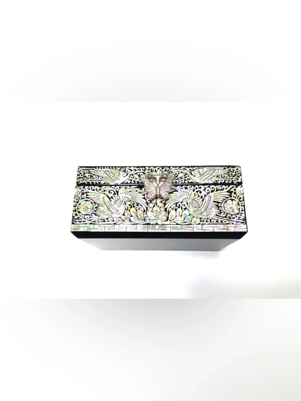 Mother of Pearl Jewelry Box: Crane Pattern Wood Storage